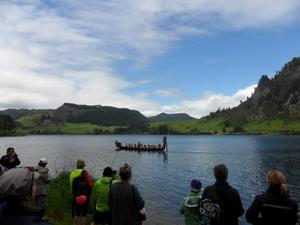 A Waka on Lake Maraetai welcomes guests at the opening of the Waikato River Trail at Whakamaru Reserve.
